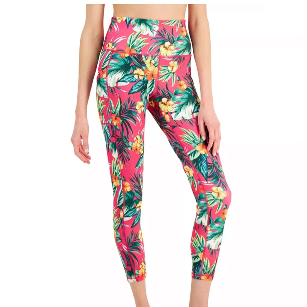 Ideology Women's Tropical Side-Pocket 7/8 Leggings in Tropic Fiery Pink